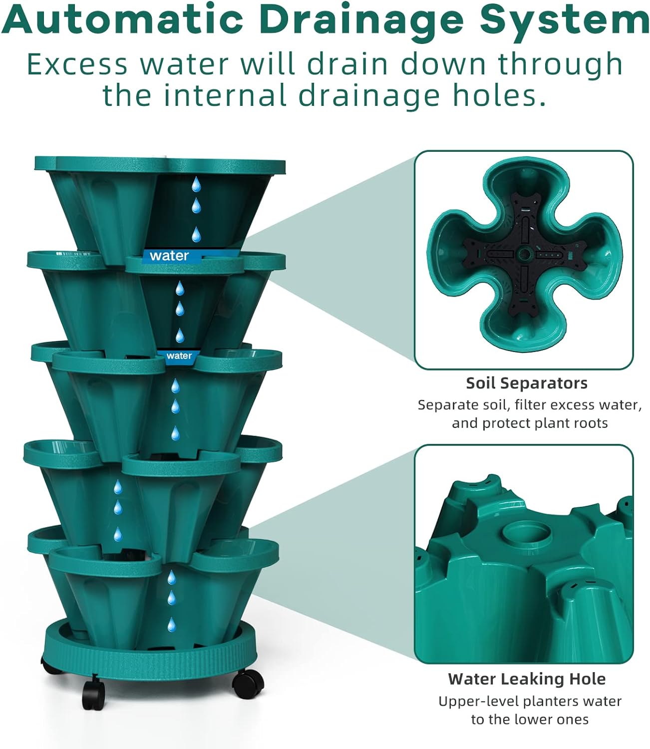 Strawberry Vertical Planters Tower Garden, 7 Tiered Stacking Herb Vegetable Planter with Support Pole Indoor and Outdoor - Hunter Green