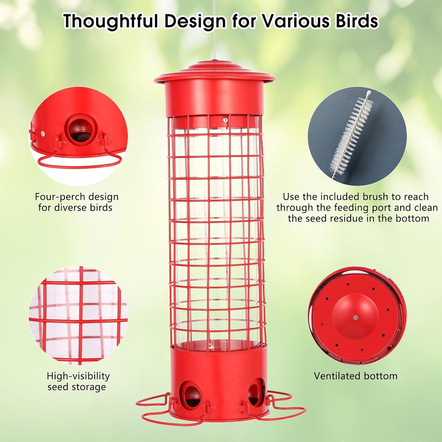 Squirrel Proof Bird Feeder for Outdoors, Weatherproof Metal Feeder, 4.5 lb Large Capacity, Weight-Activated Perches, Hanging Feeder for Cardinals, Finches, Wild Birds, Red