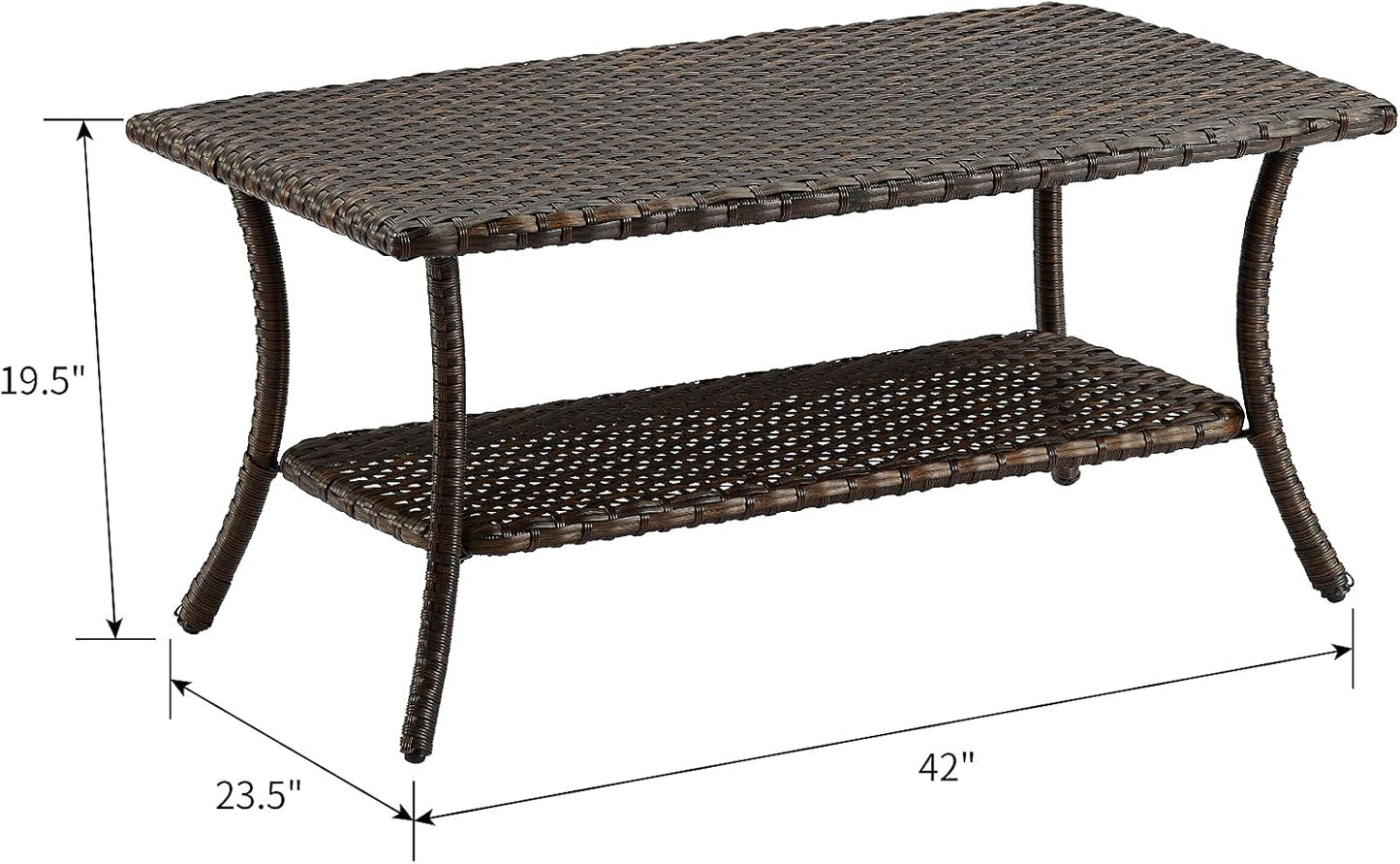 Patio Tables Outdoor Coffee Table - Wicker Rattan Coffee Tables with 2-Tier Storage Shelf Side Table for Porch Deck Balcony Garden Outside Rectangle Brown
