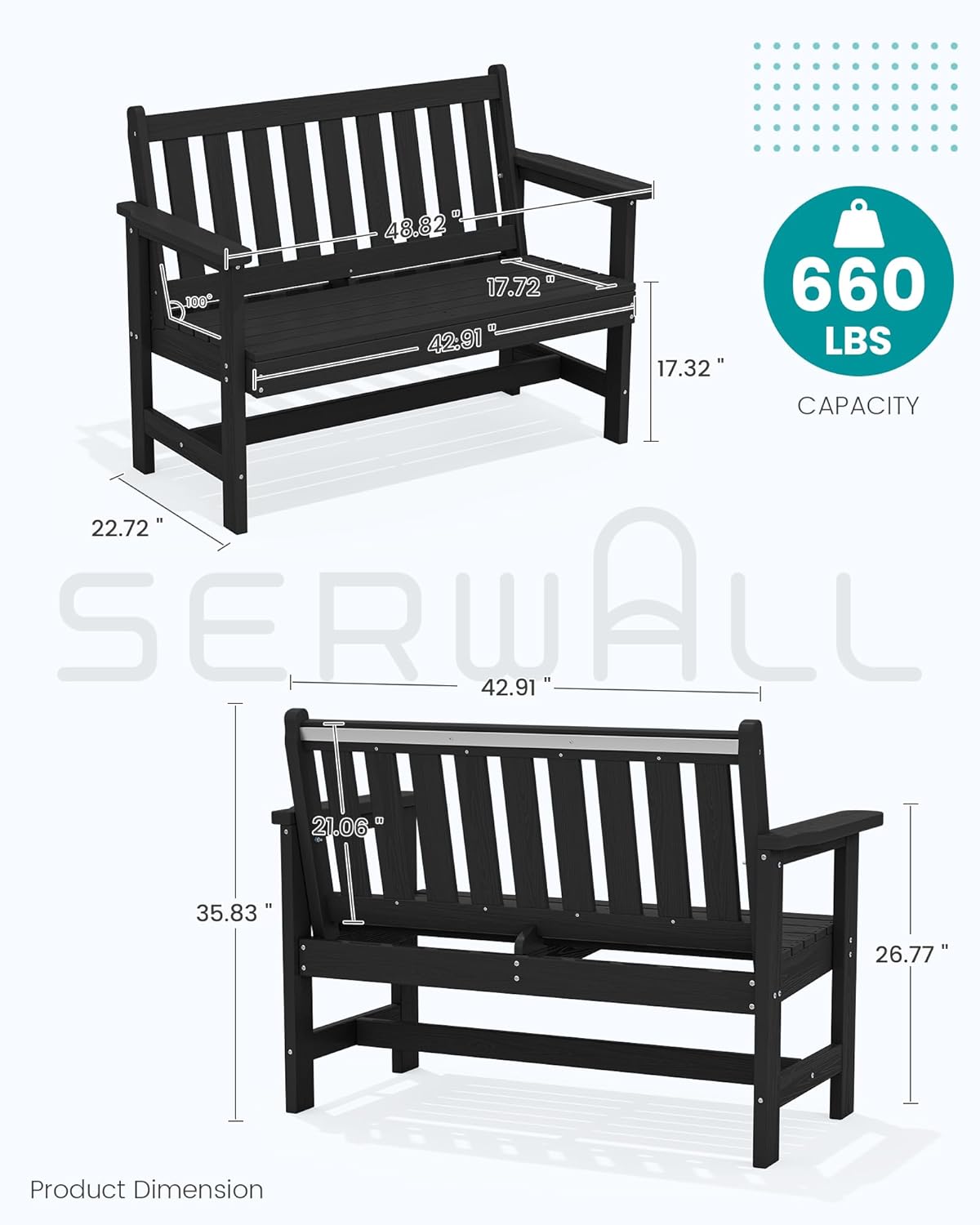 SERWALL Outdoor Bench, HDPE Outdoor Benches Weatherproof, 2-Person Garden Bench with 660 lbs Weight Capacity, Patio Benches for Outdoors, Garden, Porch, Backyard and Park, Black, 2 Pack