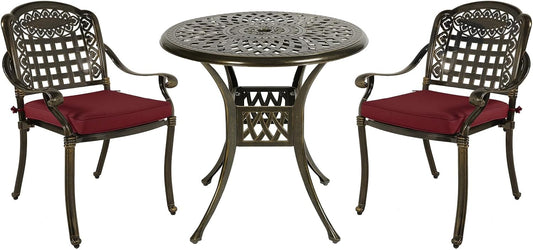 MEETWARM 3 Piece Patio Bistro Set, Outdoor All-Weather Cast Aluminum Dining Furniture Set Includes 2 Chairs with Cushions and a 31” Round Table with Umbrella Hole for Garden Deck, Chili Red