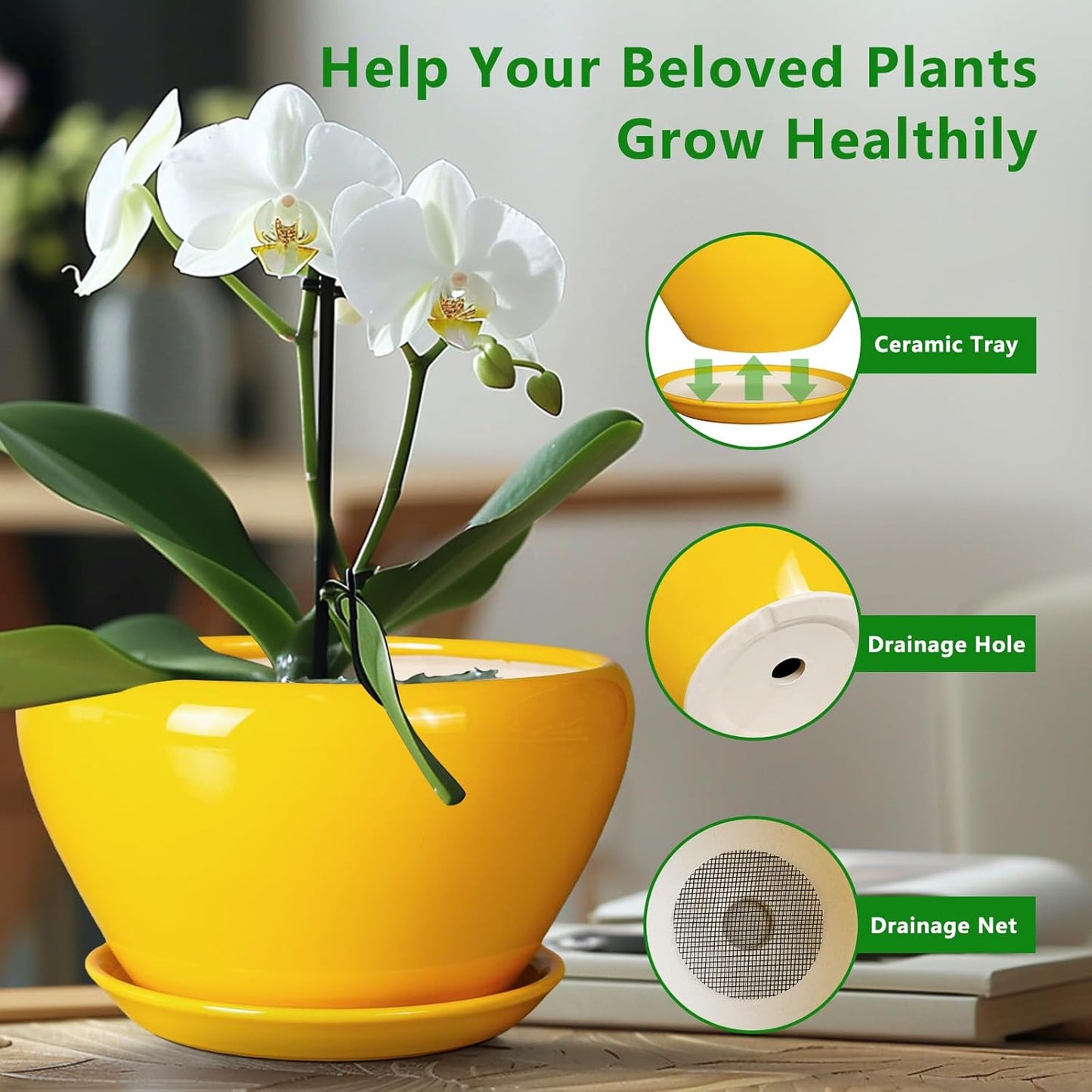 Ceramic Planter 9 Inch - Mid-Century Round Modern Plant Pot Indoor with Drainage Hole and Saucer for Outdoor Plants, Balcony House Garden Patio Home Decor, Yellow