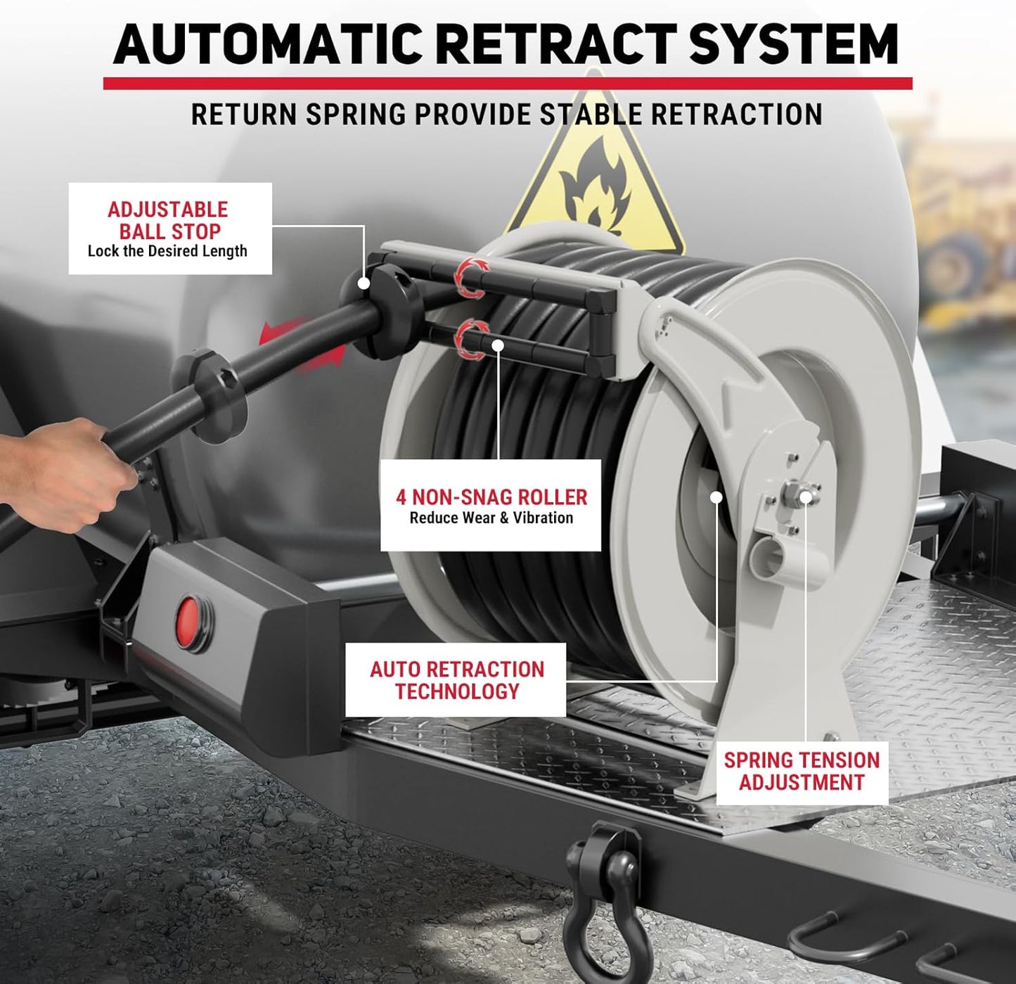 Diesel Fuel Hose Reel Retractable 1" x 50' with Fueling Nozzle Diesel Hose Reel 300 PSI Industrial Auto Swivel Heavy Duty Steel Construction for Farm Ship Vehicle Tank