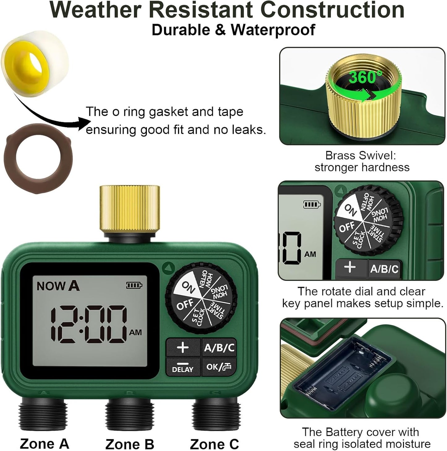 3 Outlet Sprinkler Timer Brass, Programmable Garden Hose Timer with Rain Delay, Manual& Automatic Watering System, Waterproof Gardening Supplies Irrigation Controller for 3 Separate Water Zones