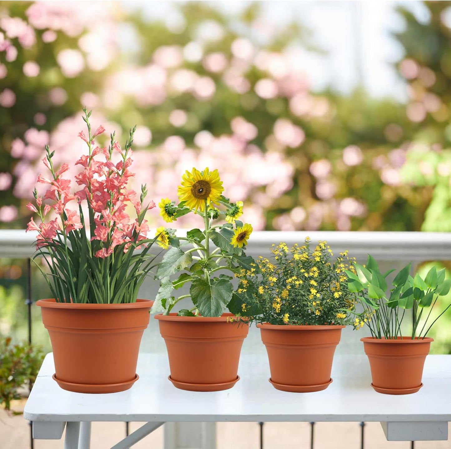 16 inch Plastic-Flower-Pot-for-Indoor-Plants, 4 Pack Large Outdoor Planter Pot with Drainage Holes & Saucers, Resin Decorative Garden Pots Planters