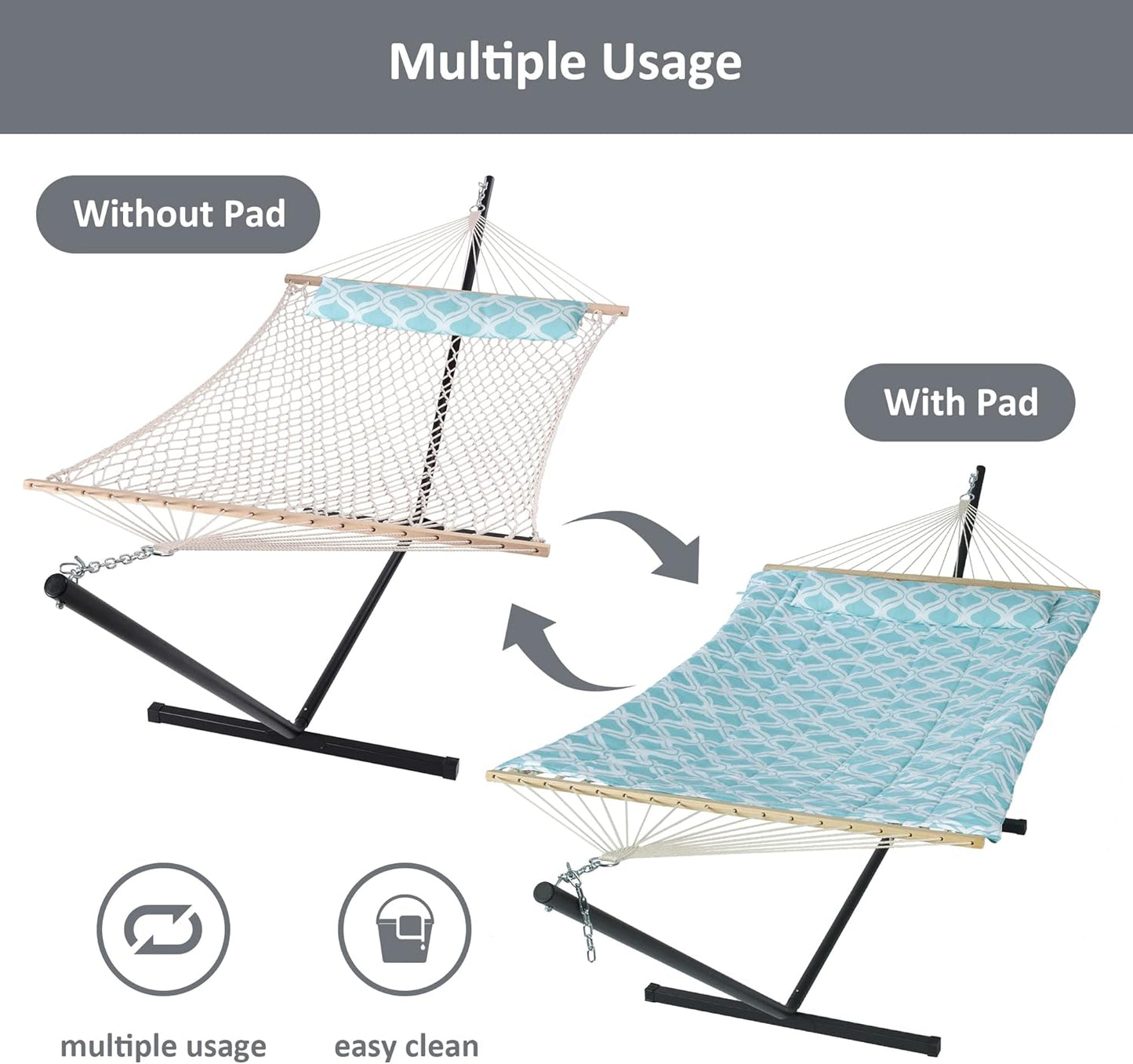 SUNCREAT Patio Hammock with Stand Included, Portable Double Hammock with Stand, Green Pattern