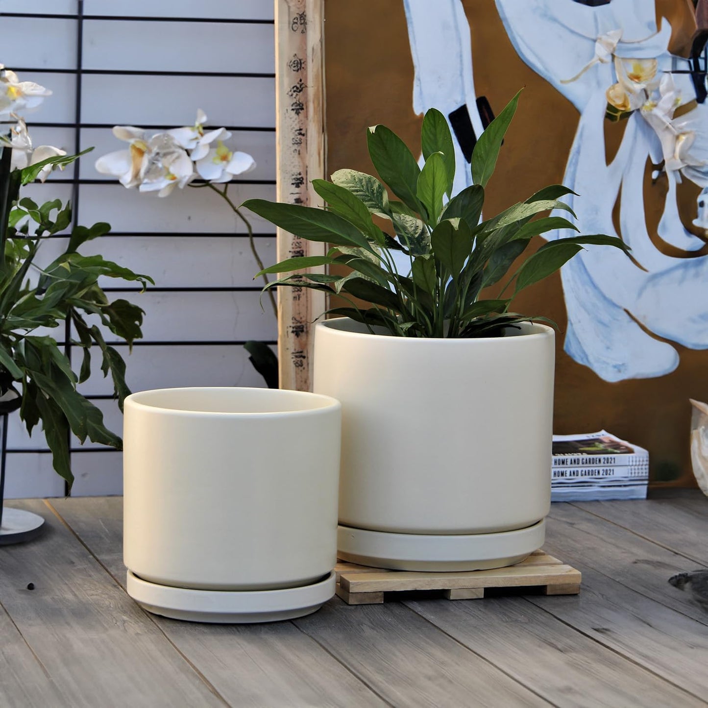 Mid Modern Planter with Detached Saucer (Cloud White,14.0" D x 12.0" H)