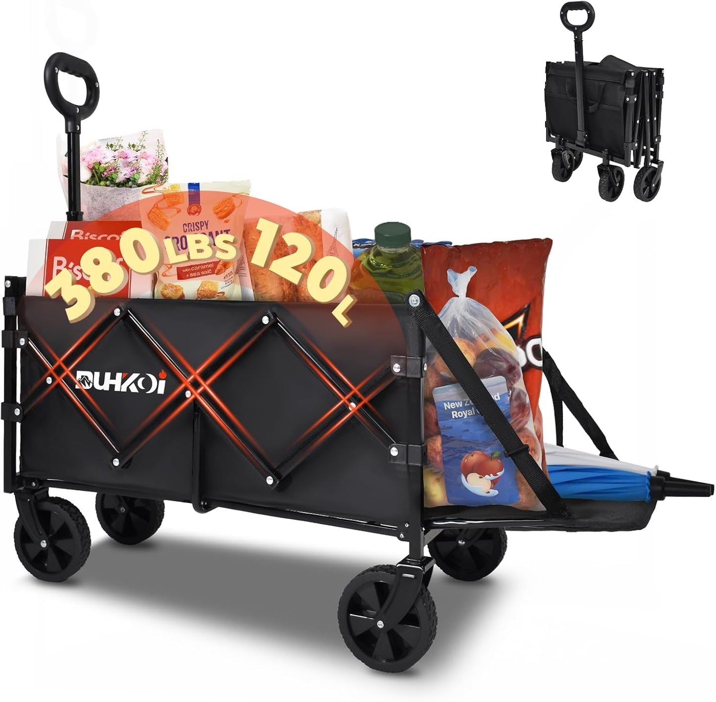 Collapsible Extended Tailgate Wagon with Wheels, 380LBS Capacity Folding Utility Cart for Garden，Outdoor, Grocery, Beach, Camping Portable Heavy Duty Garden Cart