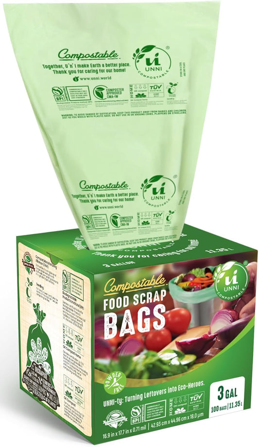 UNNI Compostable Trash Bags, 3 Gallon / 11.35 Liter, 100 Count, Extra Thick 0.71 Mil Small Kitchen Food Scrap Bin Liners, Certified by BPI, CMA & OK compost HOME, Meets the ASTM D6400 Standard