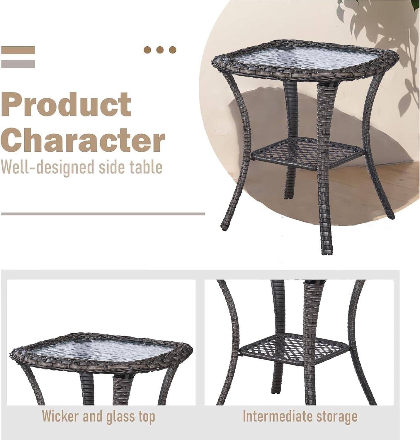 Outdoor Side Tables for Patio, Wicker/Rattan End Tables, Outdoor Wicker Side Table, Grey Rattan Glass Top Patio Side Table