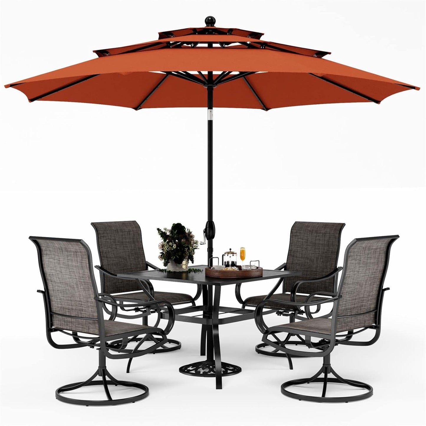 PHI VILLA Patio Table and Chairs Dining Set with Umbrella for 4, Outdoor Dining Set with 4 Swivel Patio Chairs, 1 Square Metal Dining Table and 10ft Orange Red Large Patio Umbrella (No Umbrella Base)