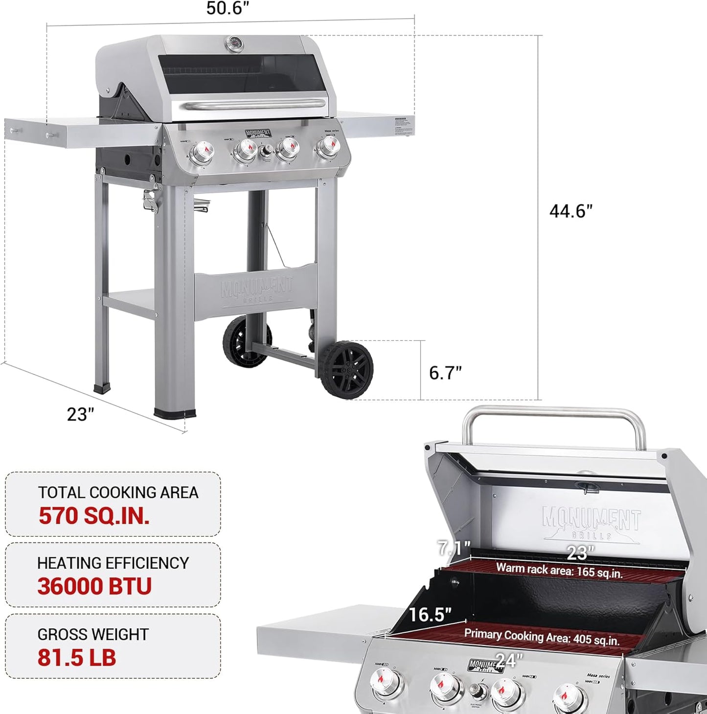 Monument Grills 4-Burner Liquid Propane Gas Grill, Silver Stainless Steel Grill Outdoor Patio Garden Barbecue Grill with Clearview® Lid and One Foldable Shelf, Mesa400MF