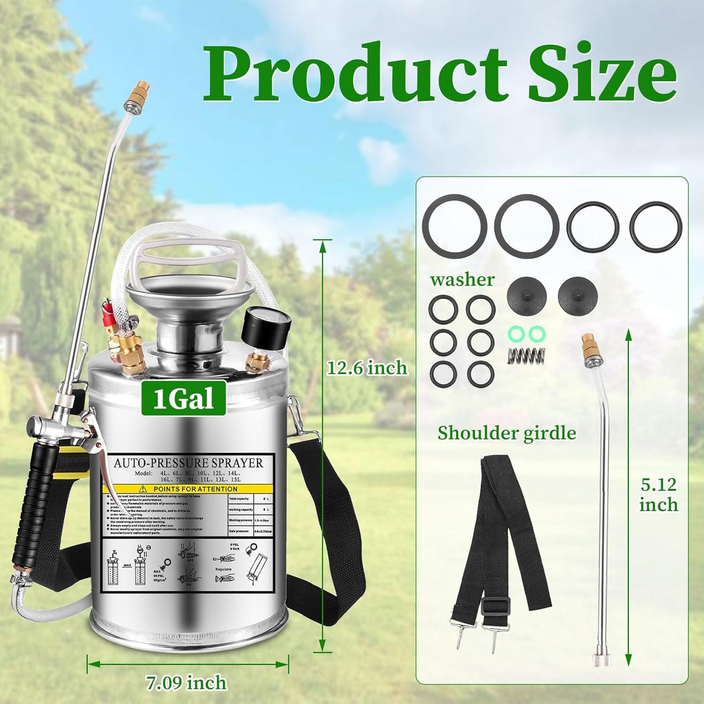 1Gal Stainless Steel Pump Up Sprayer Reinforced Hose, Hand Pump Sprayer with Pressure Gauge&Safety Valve, Adjustable Nozzle Suitable for Gardening (1 Gallon)