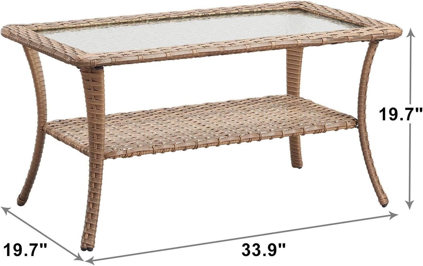 Patio Tables Outdoor Coffee Table - Wicker Rattan Coffee Tables with 2-Tier Storage Shelf Glass Top for Outside Proch Deck Balcony Garden Rectangle Yellow