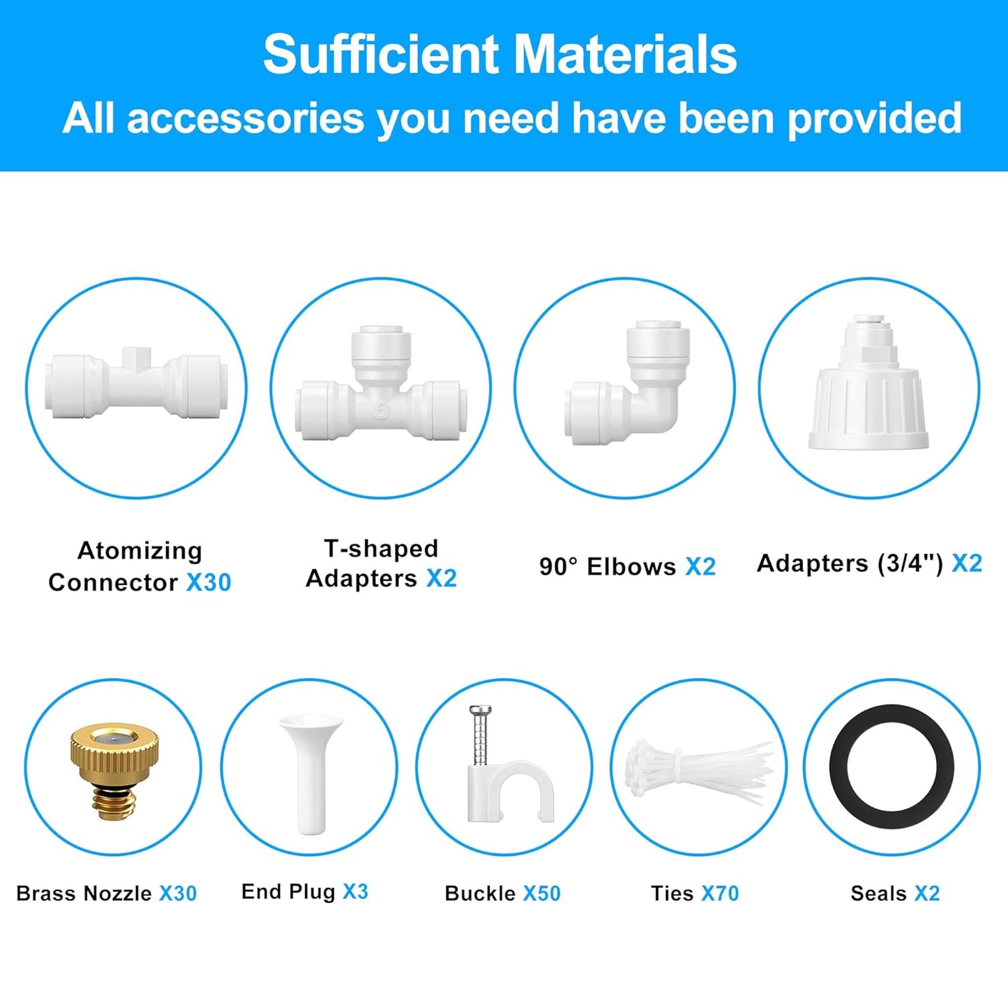 Misting Systems White, Outside Patio Misters, 100FT Misting Cooling System+30 Brass Mister System+2 PE Antioxidant Adapters 3/4"+2 Tee Adapters+2 90 Degree Elbows for Pasture&Garden&Gazebo (White)