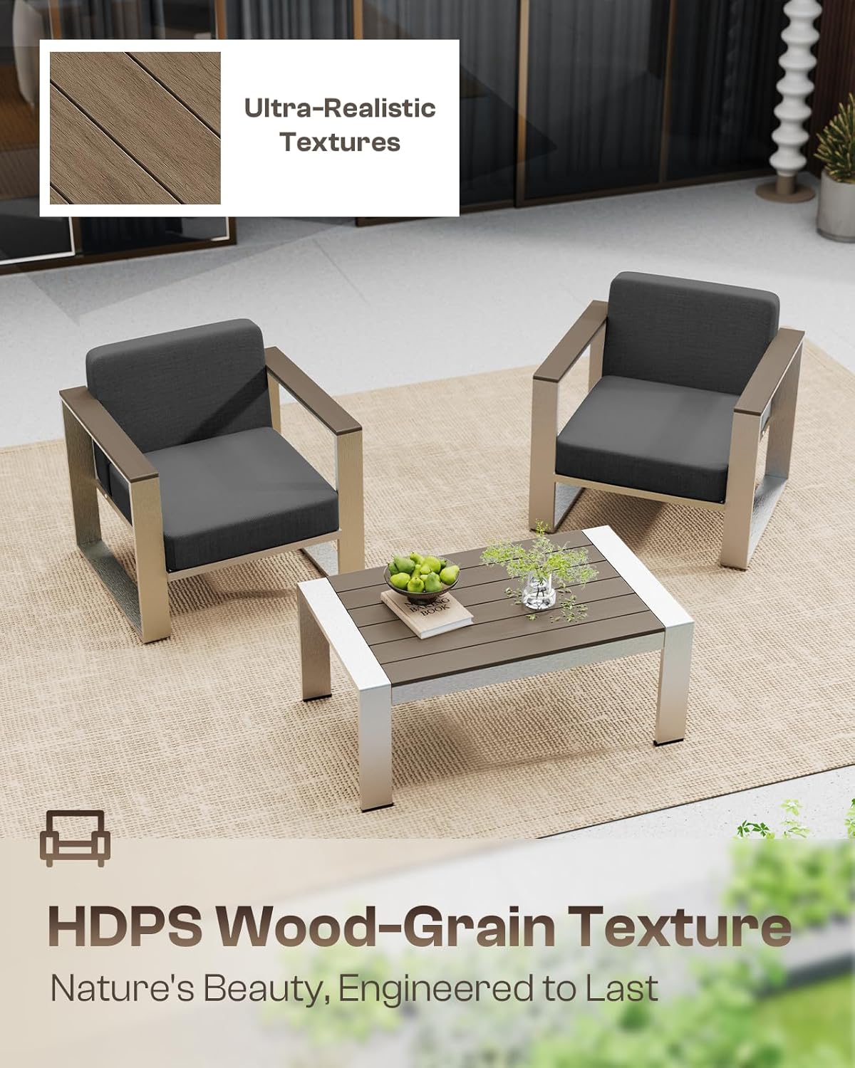 Outdoor Furniture Set, 5 Piece Aluminum Patio Furniture Set with Coffee Table, Wide Seat and Thick Cushions, Outdoor Patio Conversation Sets for Deck, Porch (Darkgray)