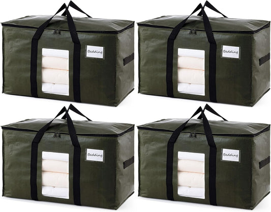 TAILI 4 Pack Green Extra Large Storage Bags, Heavy Duty Totes with Visible Window, Wrap Around Handles, Perfect for Moving