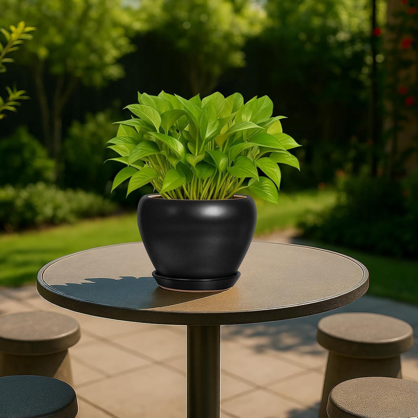 6 Inch Plant Pot - Ceramic Planter with Drainage Hole and Trays, Modern Round Flower Pot, Planters for Indoor Outdoor Plants, Home Garden Decor, Black