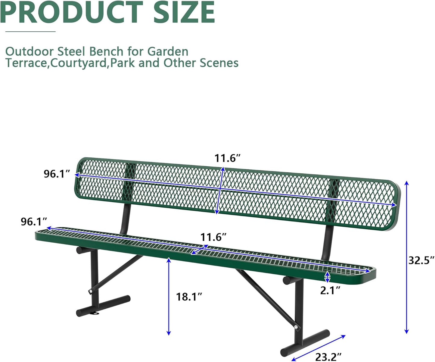 Heavy Duty Park Bench with Back Portable Frame, Outdoor Steel Bench with Backrest, Outdoor Park Bench Expanded Metal Mesh Bench for Lawn, Park, Deck, Garden, Patio, Porch, Black (Green, 8FT)