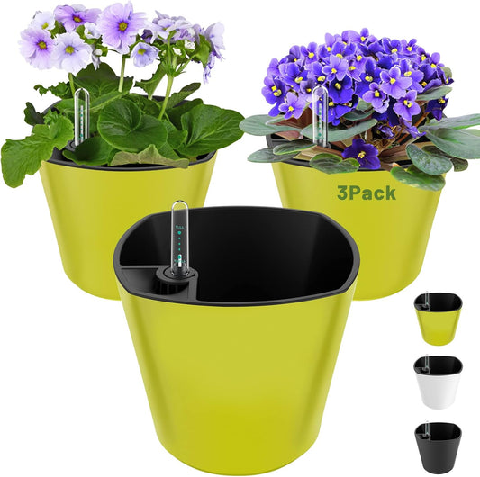Self Watering Planters for Indoor Plants 7 inch Flower Pot with Water Level Indicator Lemon Green 3 Pack African Violet Self Watering Pots for All Orchid Agave