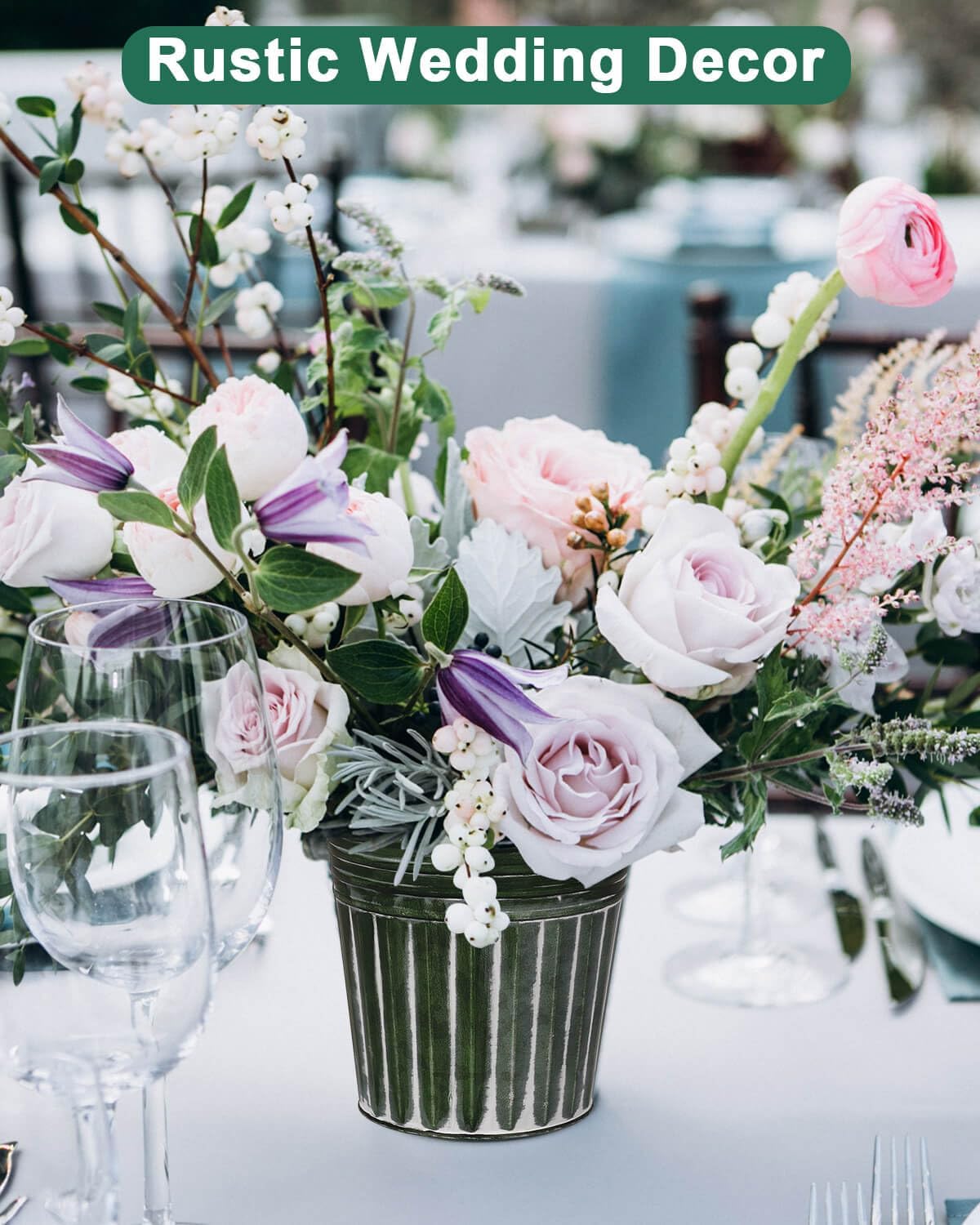 vensovo 6 Inch Dark Green Metal Rustic Flower Pots - 6Pcs Medium Galvanized Planters with Drainage Hole and Rubber Plug, Rustproof Metal Bucket Plant Pots Farmhouse Vintage Style for Decor