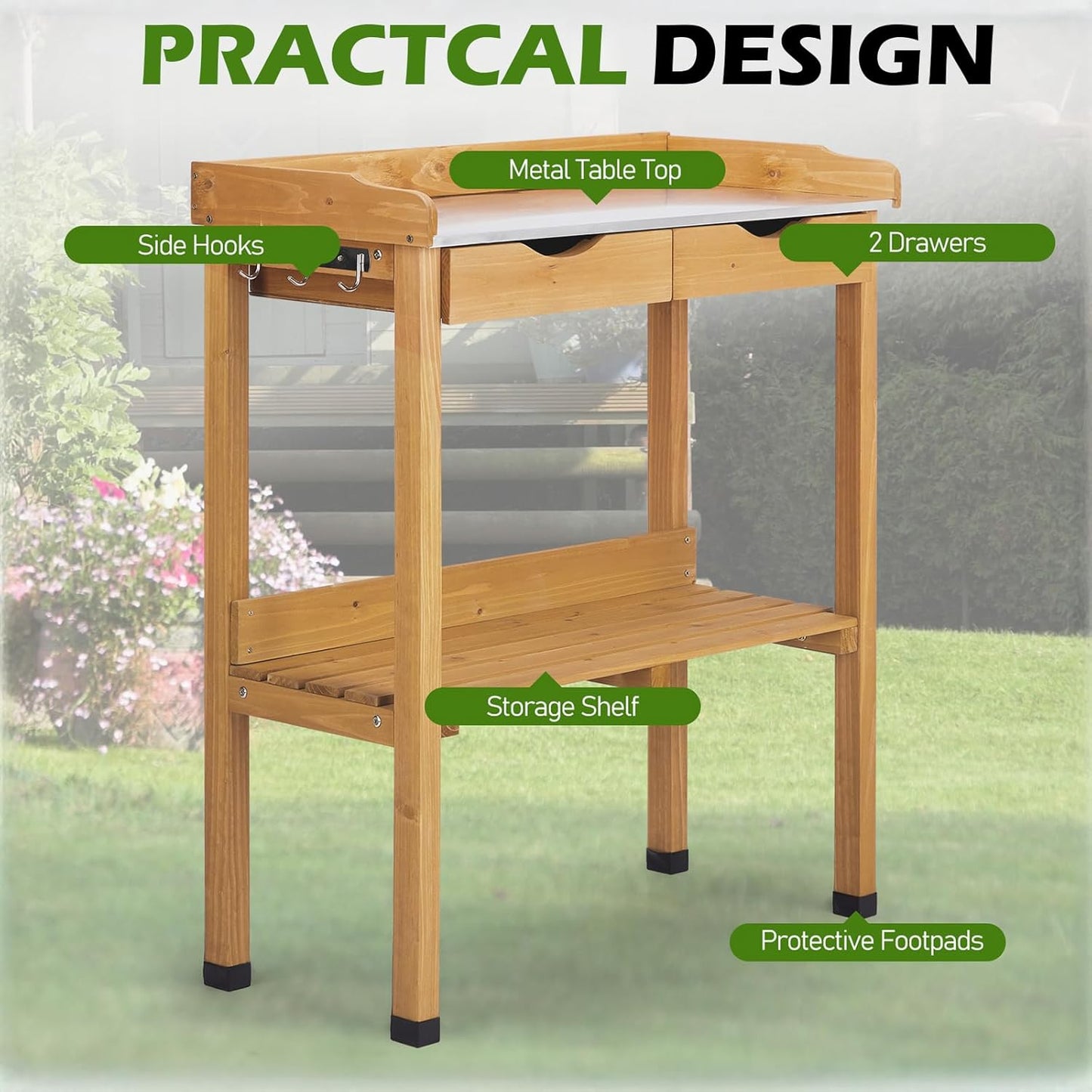 Outdoor Potting Bench Garden Work Station, Solid Wood Planting Table w/Sink Drawer Shelves,Metal Top, Folding Patio Furniture for Porch Balcony (29.8 x 14.6 x 36.4(Fir Wood Color))