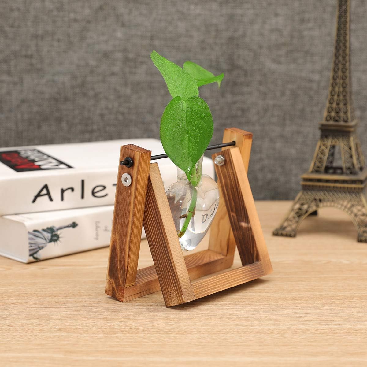 Kingbuy Terrarium with Wooden Stand, Desktop Propagation Station, Air Plant Holder, Metal Swivel Holder for Hydroponics, Home Garden, Wedding Decor - 1 Hearted Vase