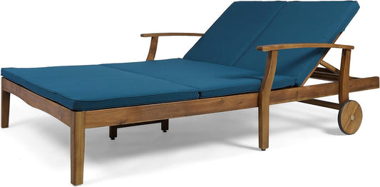Christopher Knight Home Samantha Double Chaise Lounge for Yard and Patio, Acacia Wood Frame, Teak Finish with Blue Cushions