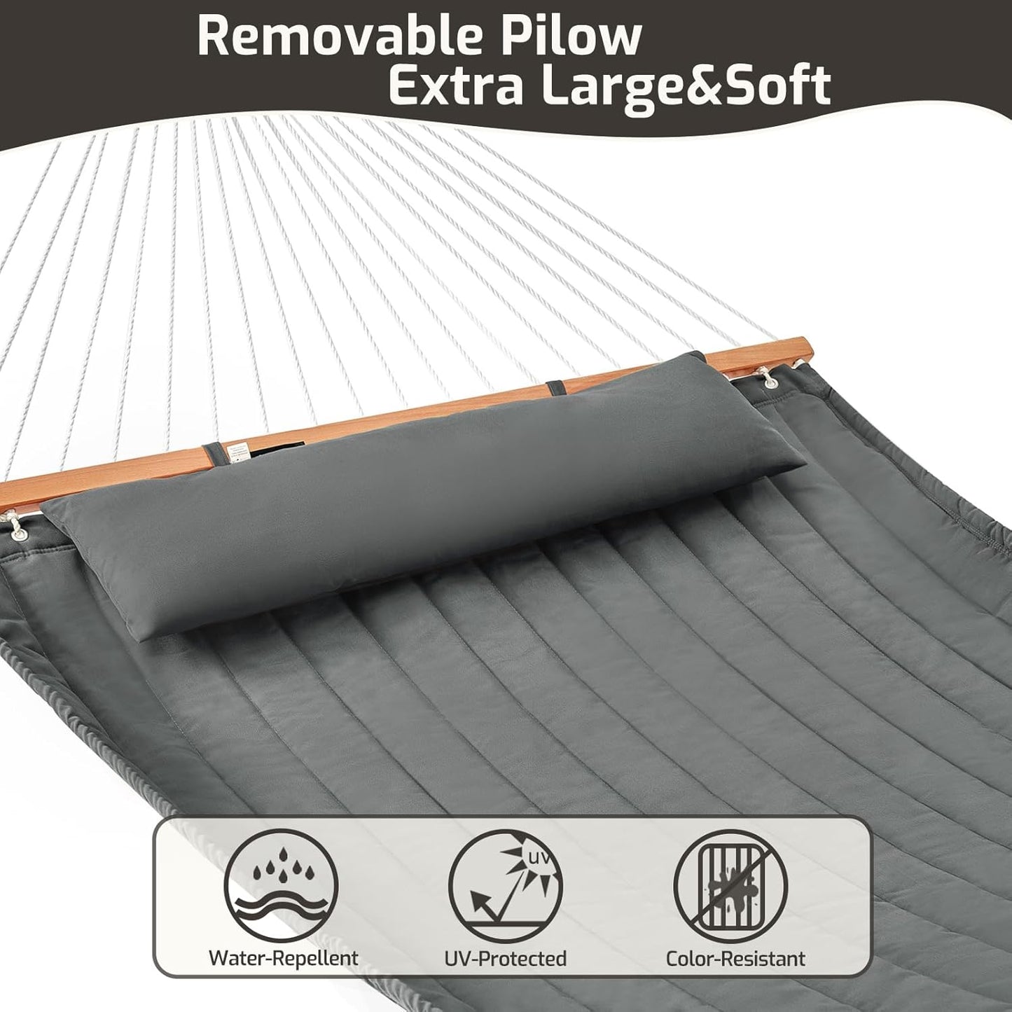 Double Quilted Fabric Hammock with Hardwood Spreader Bars and Pillow 450 LBS Capacity 2 Person Large Hammock for Outdoor Patio Backyard Poolside - Dark Grey