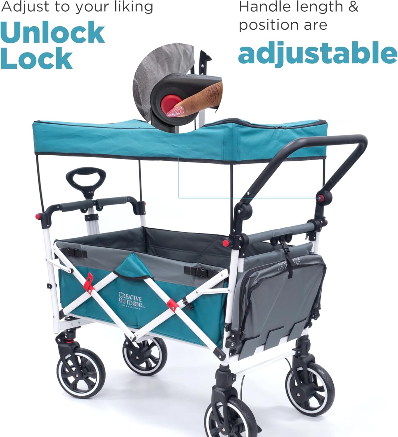 Creative Outdoor Wagon for Kids Push Pull Collapsible Stroller with Canopy Folding Cart | Titanium Series Plus | Beach, Park, Garden (Solid Teal)
