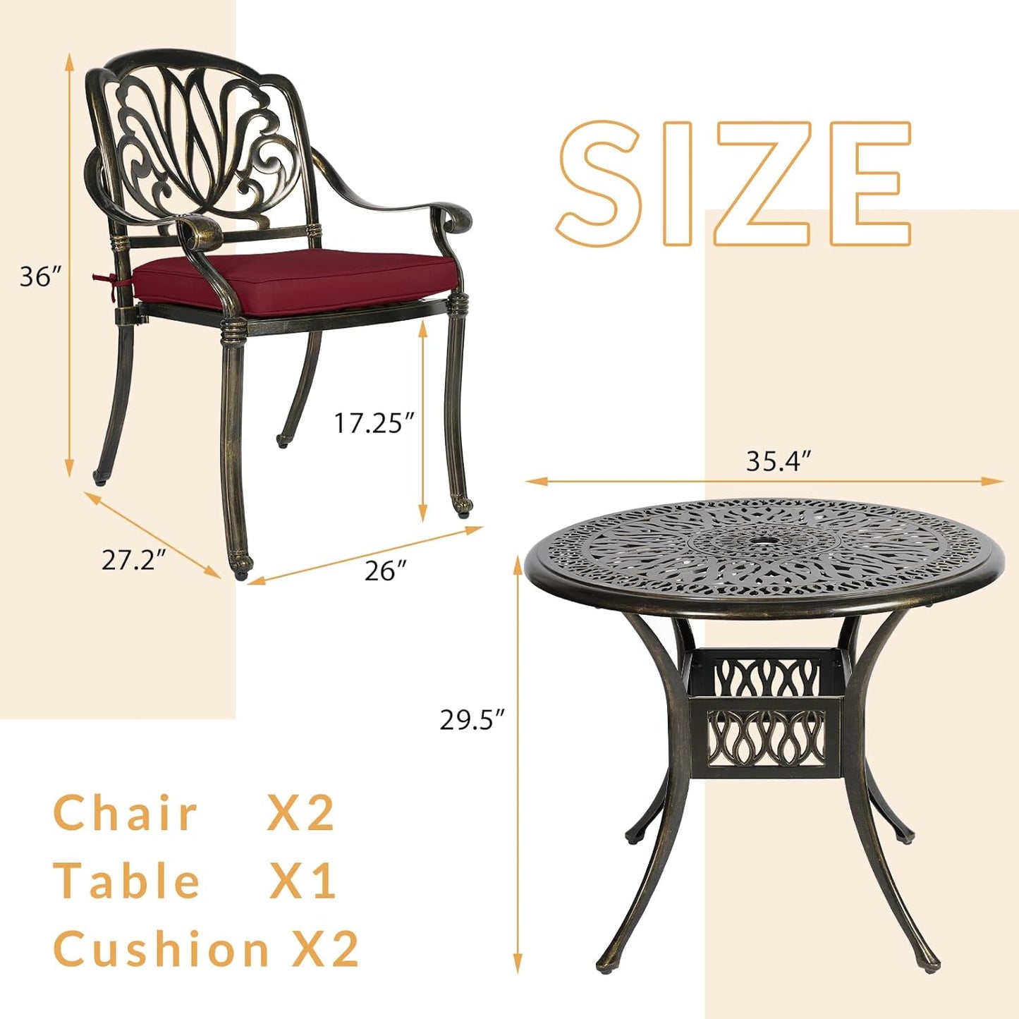 3-Piece Outdoor Patio Dining Set, All-Weather Cast Aluminum Patio Furniture Set for Backyard Garden Deck with 2 Cushioned Chairs and 35.4” Round Table, 2" Umbrella Hole, Chili Red