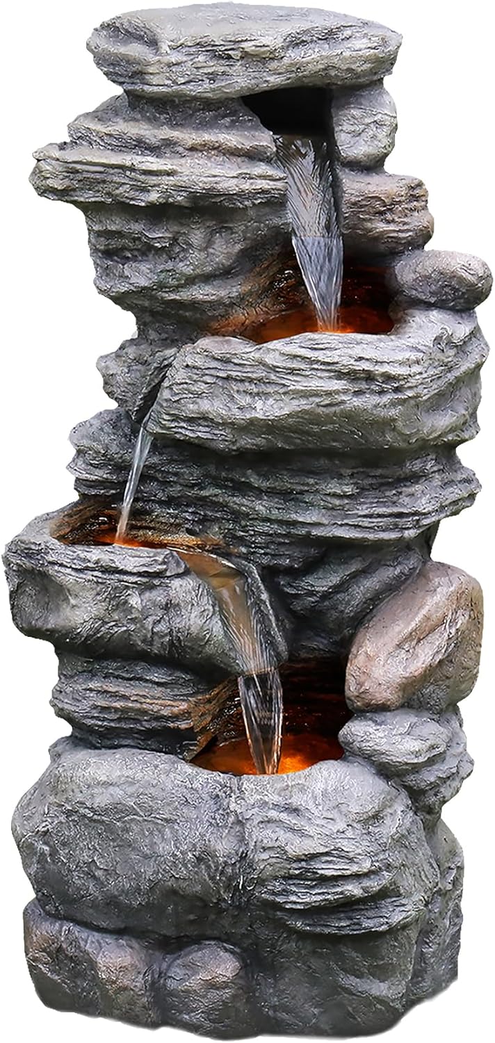 Teamson Home 39.37 in. Outdoor Faux Stacked Stone 4-Tier Water Fountain with LED Lights and Pump, Gray