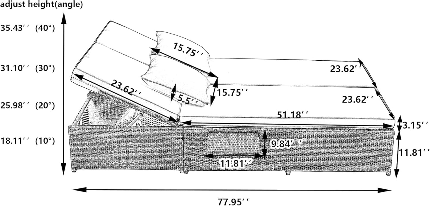 kevinplus Outdoor Daybed Patio Sunbed, Wicker Rattan Patio Reclining Chairs with Adjustable Backrest and Seat & Foldable Cupholder for Garden Poolside Balcony, Brown