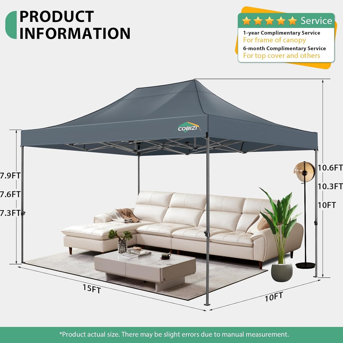 COBIZI 10x15 Pop up Canopy Heavy Duty Without Sidewalls, Easy Set-up Commercial Outdoor Party Canopy, 100% Waterproof Wedding Gazebo, 3 Height Adjustable with Handbag, Gray