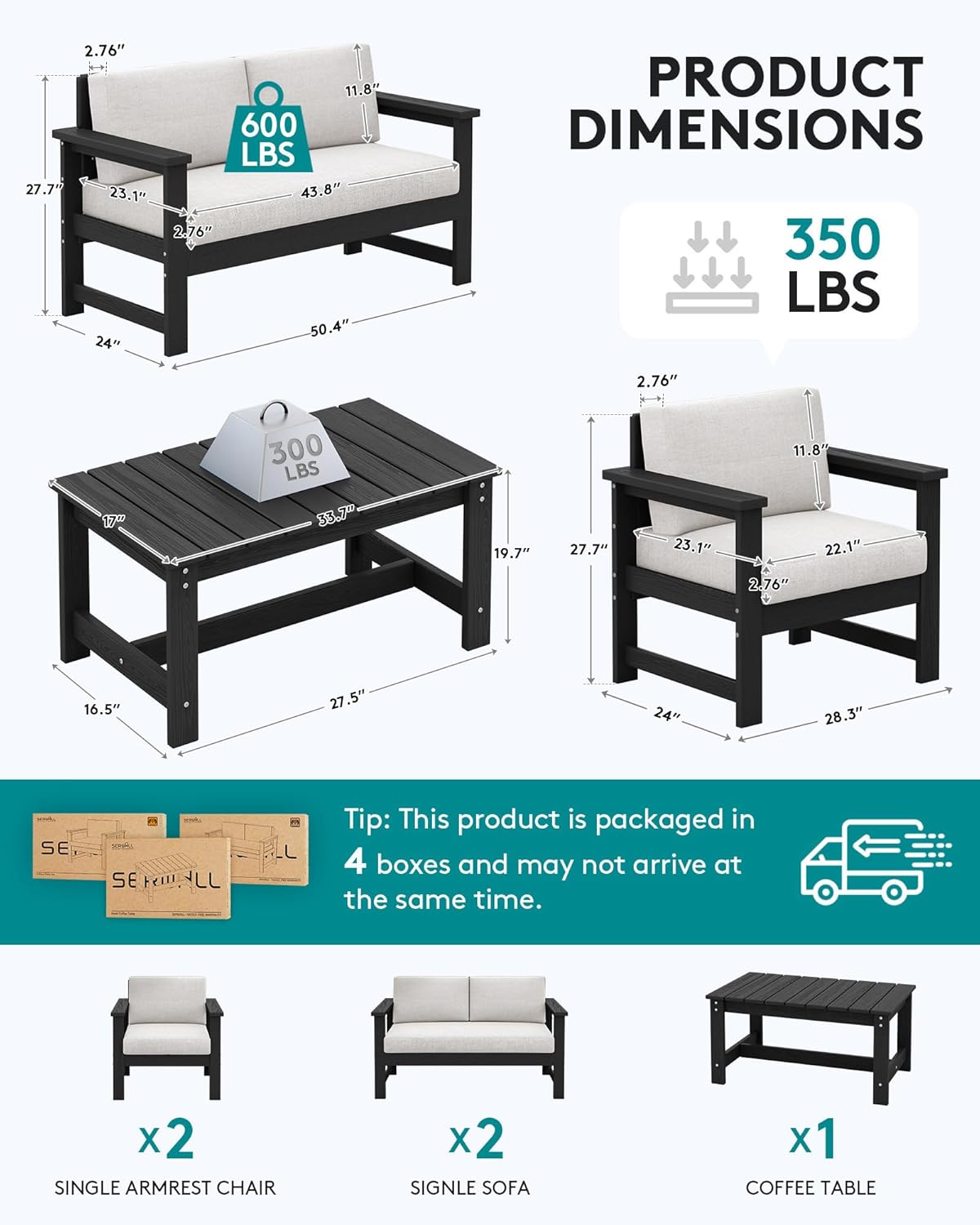 SERWALL 5 Pieces HDPE Outdoor Conversation Sofa Set with Cushions, All Weather Use Patio Couch Loveseat Furniture with Coffee Table, Black Frame with Khaki Cushions
