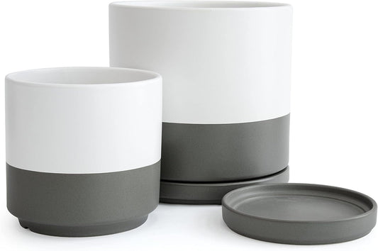 D'vine Dev 6 Inch & 8 Inch Ceramic Planter Pots for Plants with Drainage Hole and Saucer, Medium Plant Pots Set, White/Speckled Grey, 94-G-M-6
