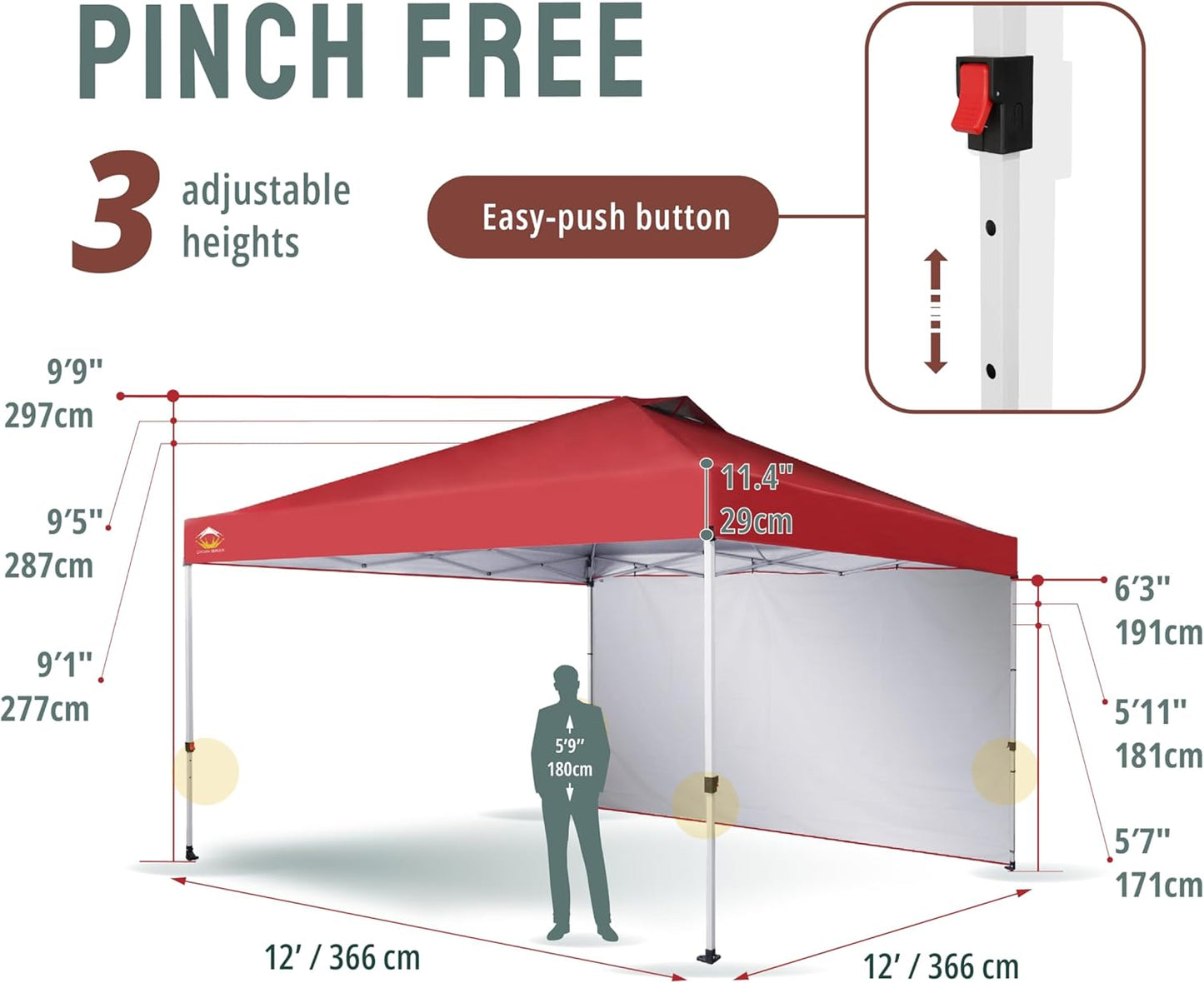 CROWN SHADES 12x12 Pop Up Canopy Tent Instant Commercial with 150D Silver Coated Fabric Including 1 Removable Sidewall, 4 Ropes, 8 Stakes, Weight Bags, STO 'N Go Bag, Red