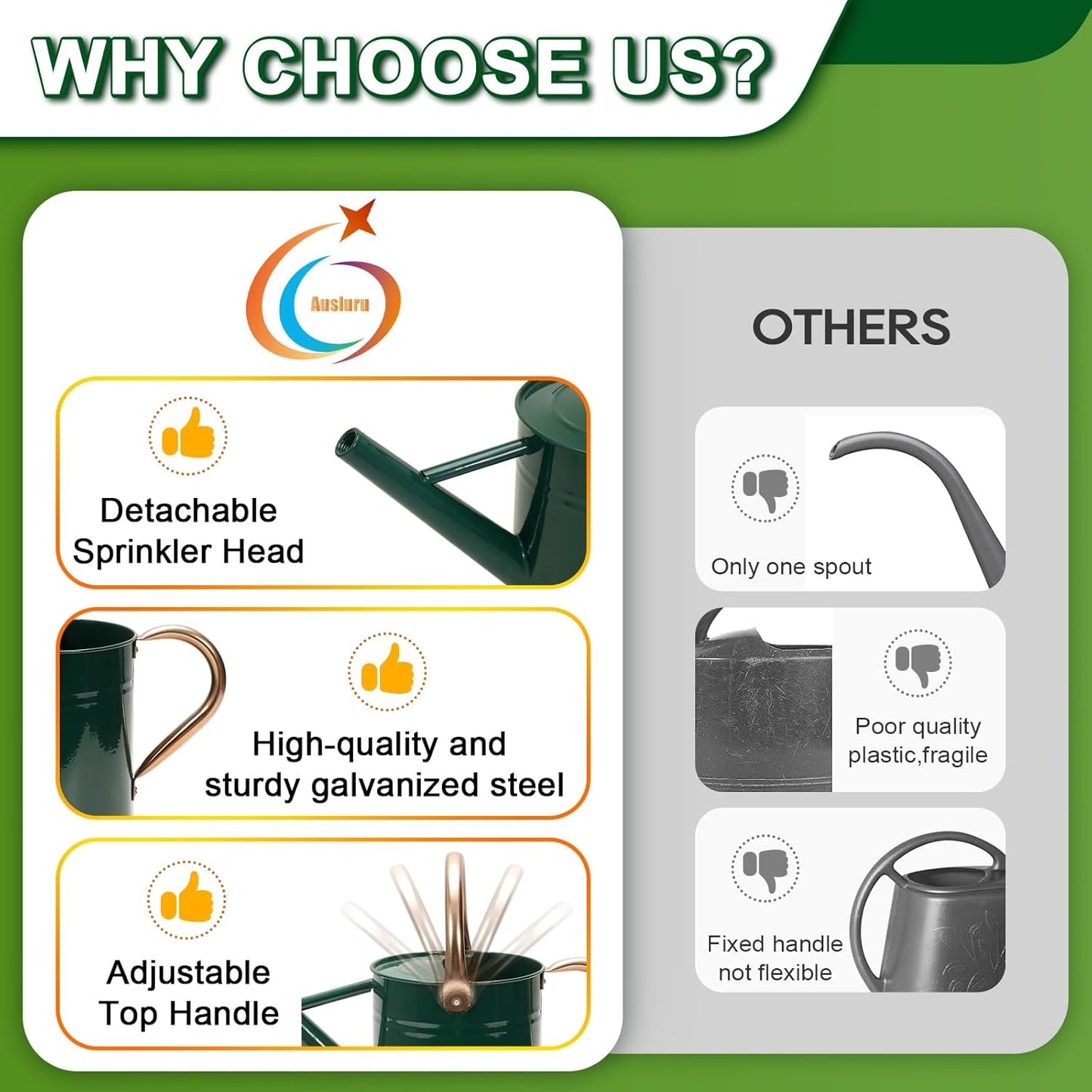 Metal Watering Can with Removable Spout, Galvanized Watering Can, Perfect for Indoor Use and for Outdoor Use (1 Gallaon, Green)