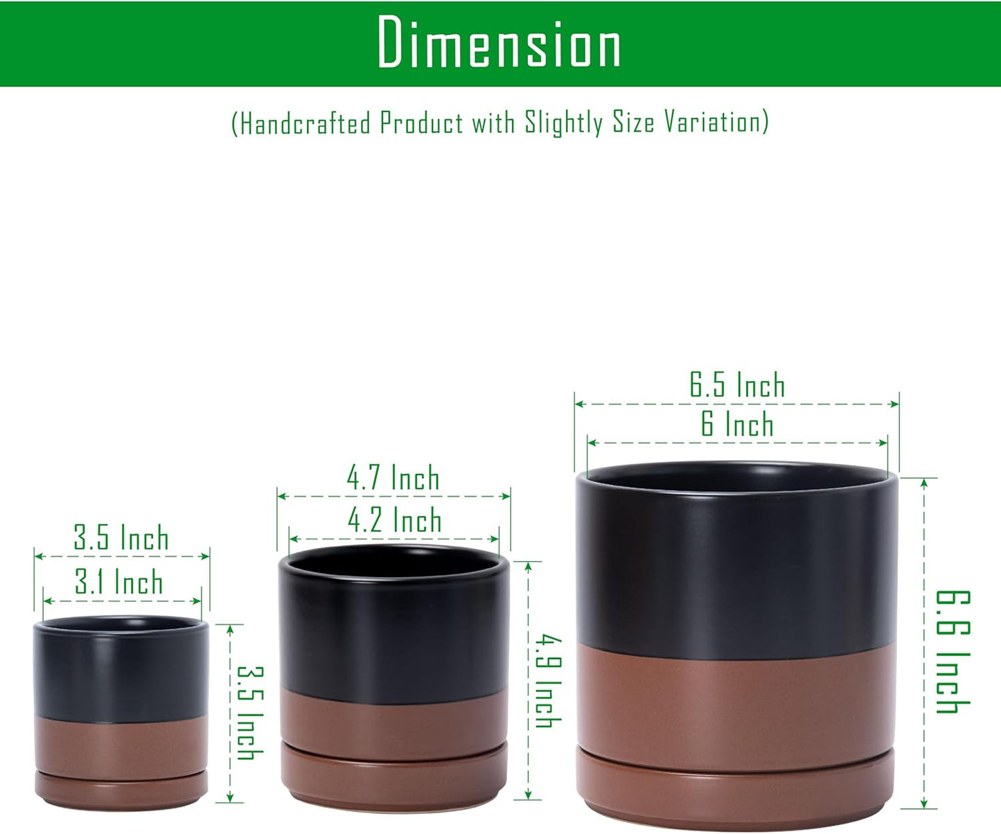 D'vine Dev 3 Inch & 4 Inch & 6 Inch, Set of 3 Round Ceramic Planter Pot with Drainage Hole and Saucer, Black/Speckled Tan, 94-T-S-7