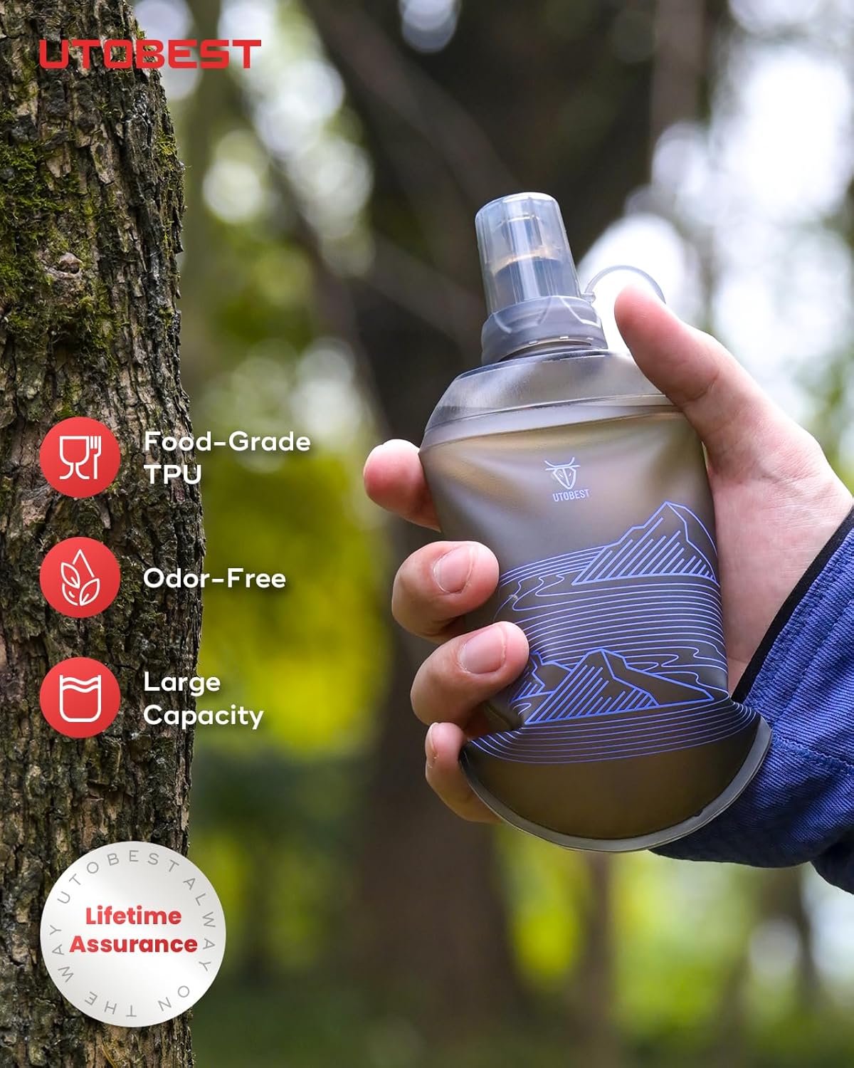 UTOBEST 200ml Soft Flask, 2 Pack Flexible TPU Hydration Water Bottle, Collapsible with 28mm Caliber for Running, Hiking, Cycling, Climbing, and Marathon Purple