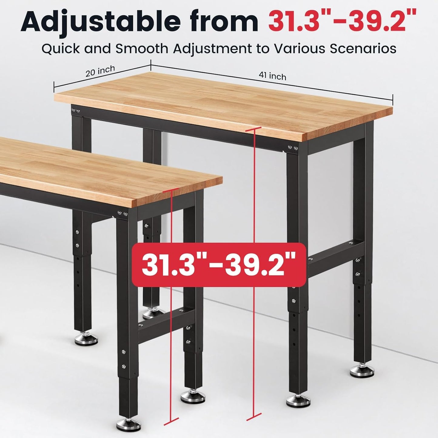 Work Bench 41 Inch Workbench for Garage Adjustable Height Heavy Duty Work Table Rubberwood Tabletop for Cutting Wood Shop Home Office Electronic Woodworking