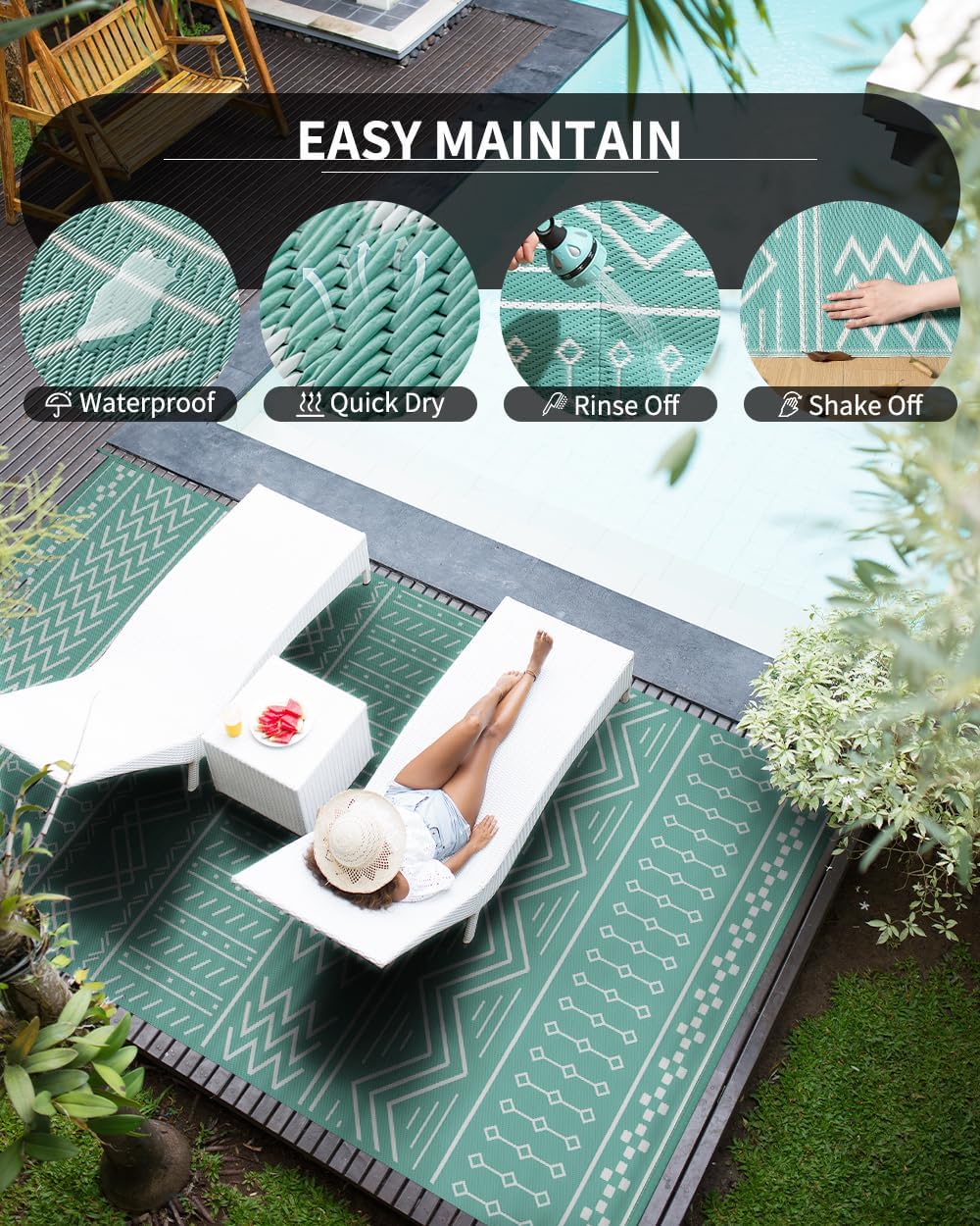 Outdoor Rug Carpet Waterproof 6x9 ft Patio Rug Mat Indoor Outdoor Area Rug for RV Camping Picnic Reversible Lightweight Plastic Straw Outside Rug for Patio Decor Decoration Boho Rug Turquoise White