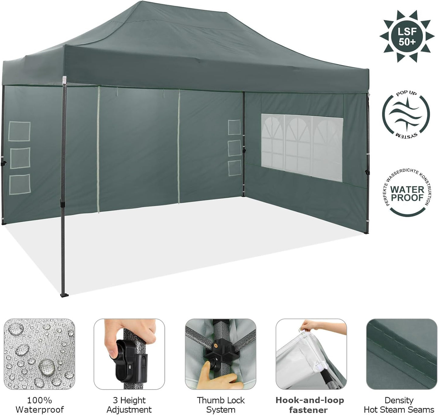 COBIZI 10x15 Pop Up Canopy with 4 Sidewall,Heavy Duty Canopy UPF 50+ All Season Wind Waterproof Commercial Outdoor Wedding Party Tents for Parties Gazebo with Carry Bag(10 x 15 ft Gray)