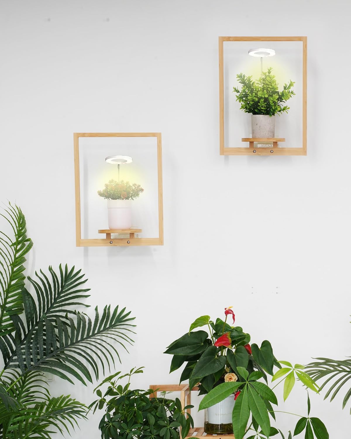 yadoker Wall Planters for Indoor Plants,Bamboo Hanging Plant Holders, Wall Decor Plant Stand, 2-Pack Window Plant Shelves with Plant Light> for Living Room & Entryway