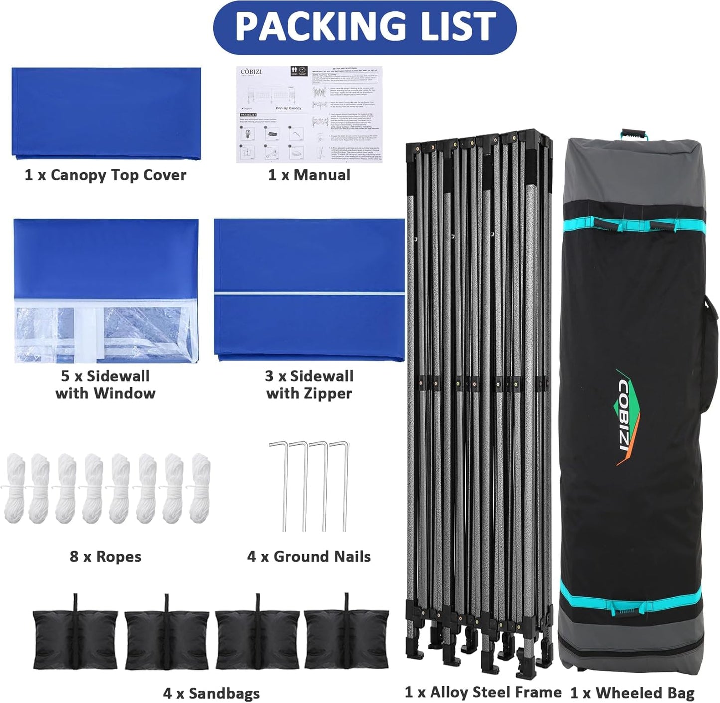 COBIZI 10x30 Pop Up Canopy with 8 Sidewall,Heavy Duty Canopy UPF 50+ All Season Wind Waterproof Commercial Outdoor Wedding Party Tents for Parties Canopy Gazebo with Roller Bag(10 x 30 ft Dark Blue)