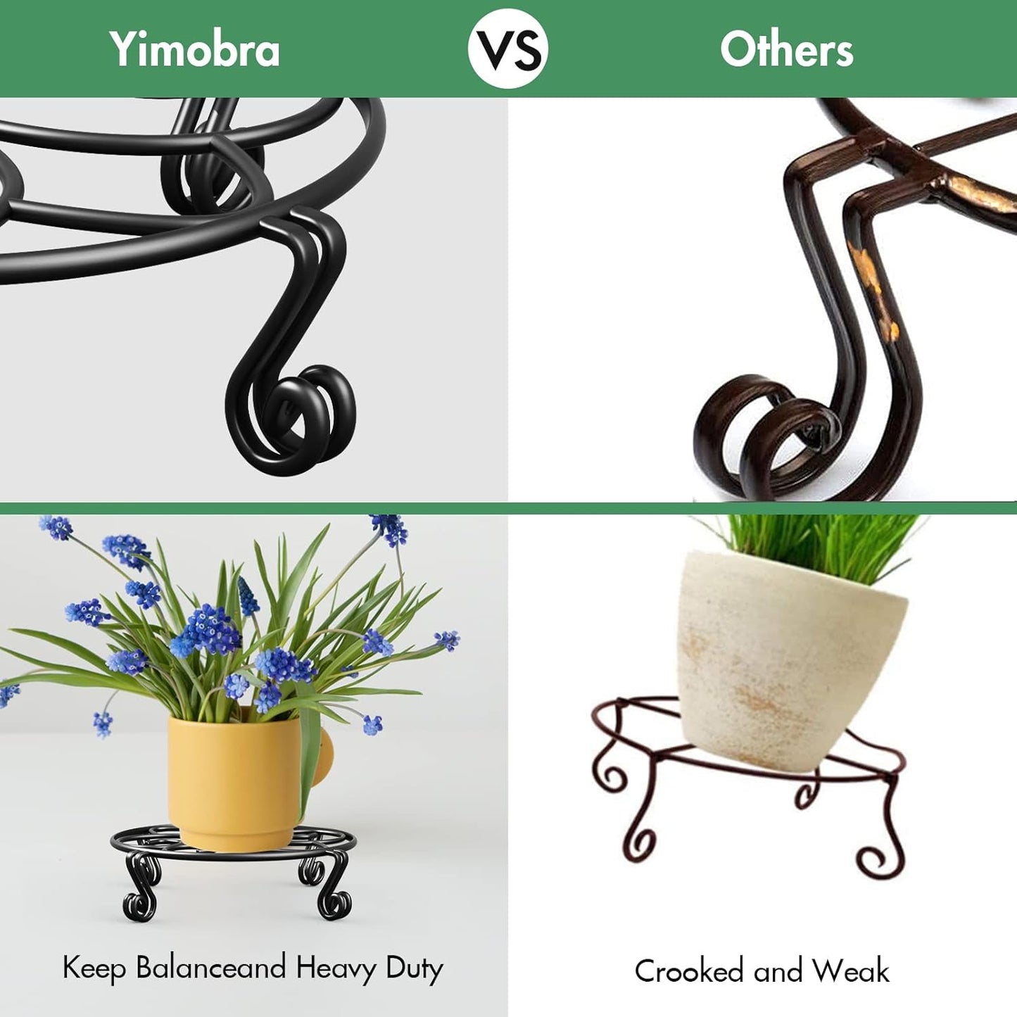 Yimobra 4 Pack Plant Stand for Flower Pot Heavy Duty Potted Holder Indoor Outdoor Metal Rustproof Iron Garden Container Round Supports Rack for Planter (4PC Black 11.8 x 3.1IN)