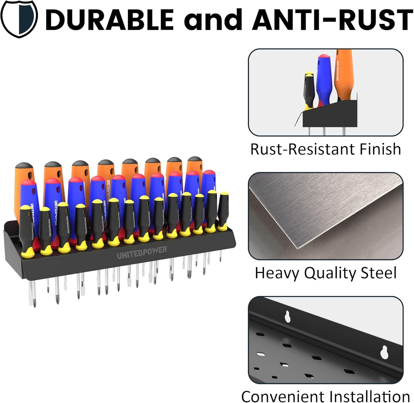 UNITEDPOWER Screwdriver Holder, Wall Mount Storage Rack Organizer for Workshop, Shed, Garage, Home, Stores up to 32 Screwdrivers or Small Tools