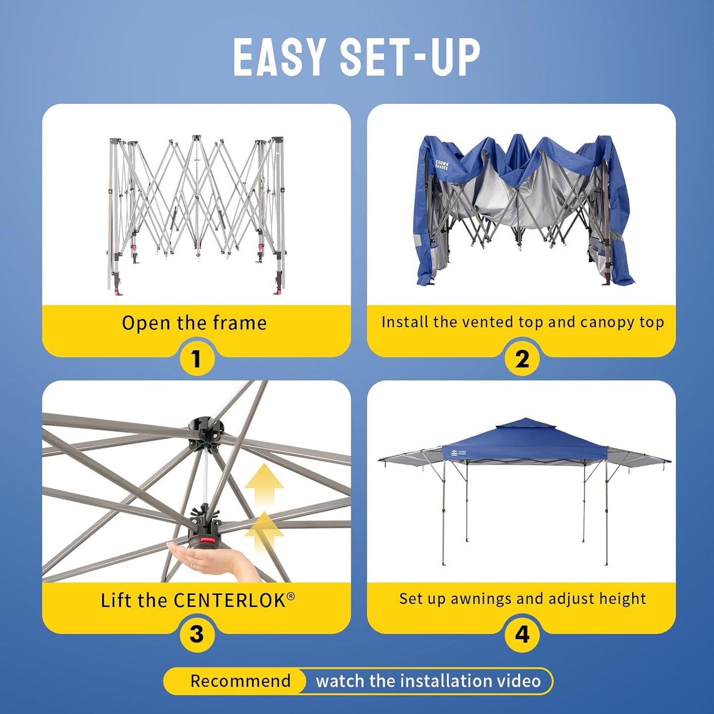 CROWN SHADES 10x10 Pop up Canopy Tent Patended Centerlock Instant Commercial Canopy with 150D Silver Coated Fabric Including 2 Extend Awnings, 4 Ropes, 8 Stakes, 4 Weight Bags, Navy Blue