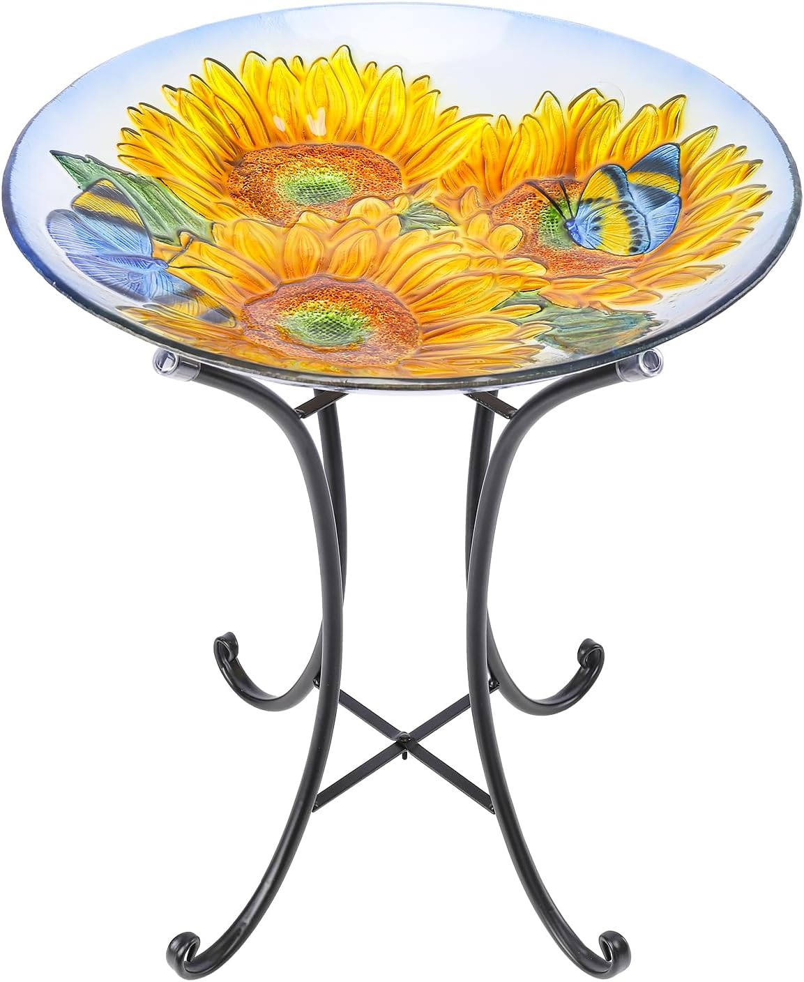 VCUTEKA Bird Baths for Outdoors, Glass Bird Bath with Metal Standing for Garden, Yards Patio Décor, Bird Lovers Gift, Sunflower Glass Birdbath Detachable (22" H * 18" W)