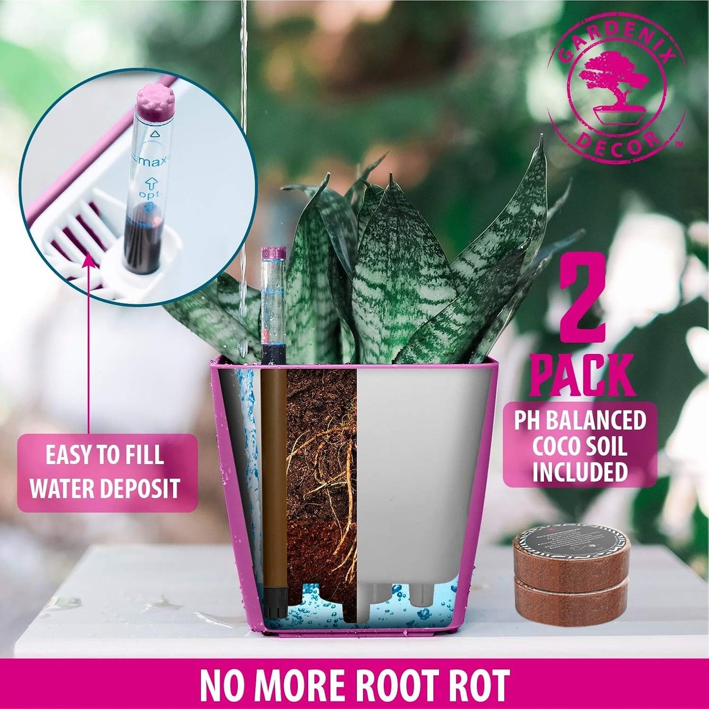 5" Self Watering pots for Indoor Plants - Flower Pot with Water Level Indicator for Plants, Grow Tracking Tool - Self Watering Planter Plant Pot – 2 Pack Purple